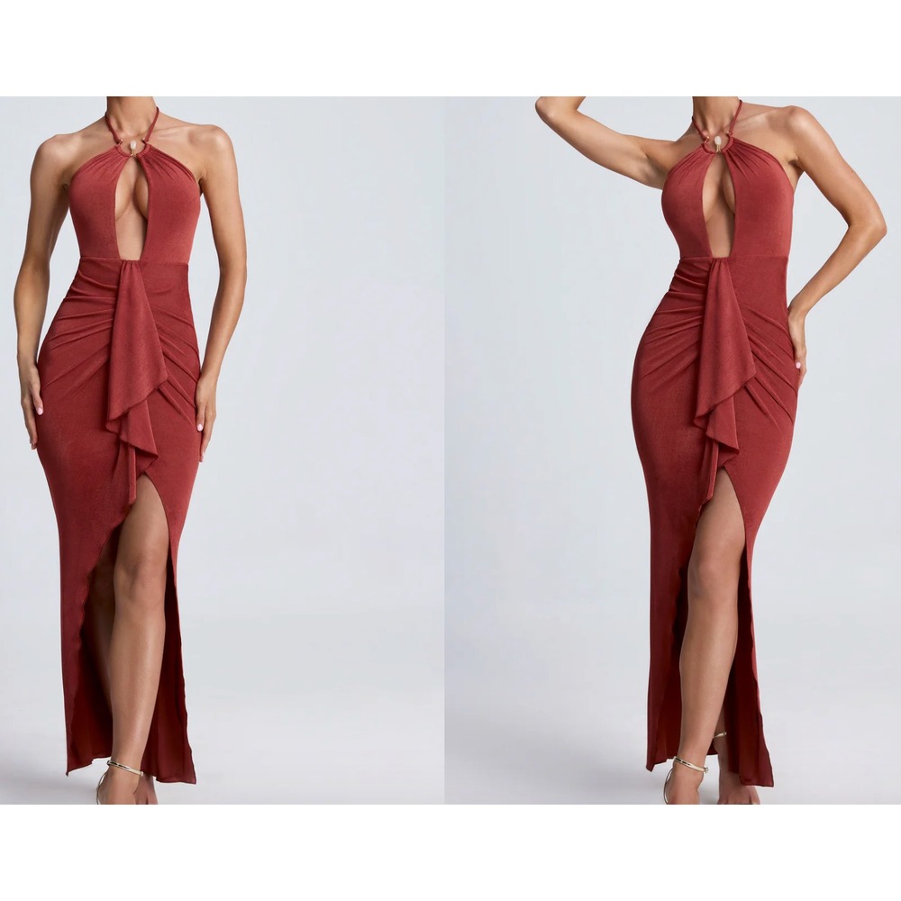 NWT Oh Polly Margot Dress Hardware Detail Cut-Out Halterneck Maxi Auburn US 4
